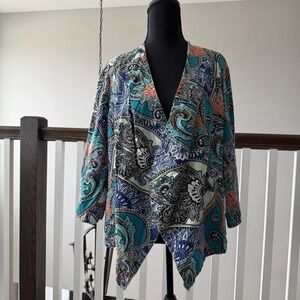 Chicos 100% Linen Paisley Blazer Jacket Cardigan  Sz 2 US L Artsy Resort Coastal
